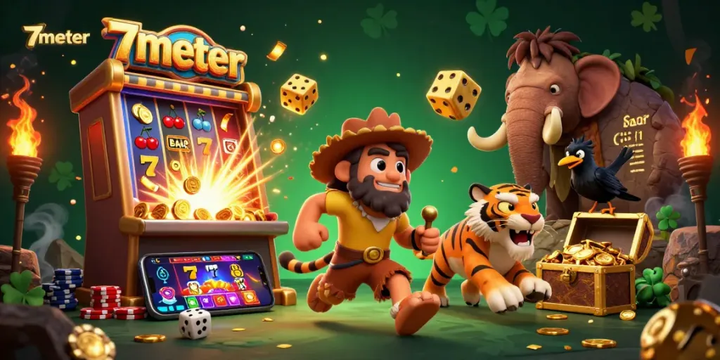 Experience the thrill of 7meter's jackpot explosion in a vibrant prehistoric casino setup