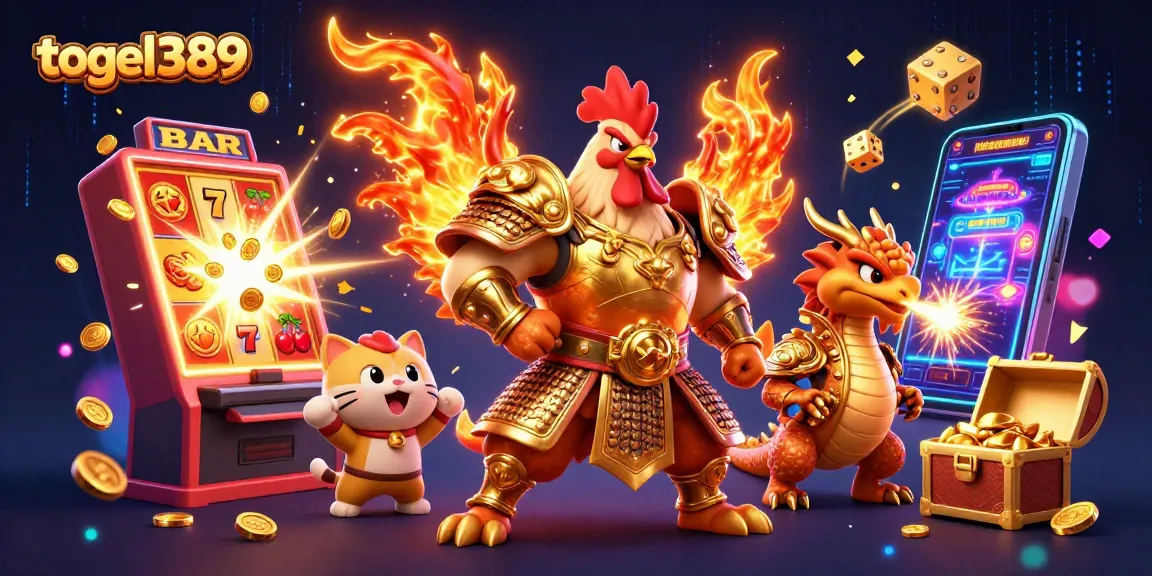 Experience the excitement of togel389 with vibrant game elements bursting around a heroic warrior
