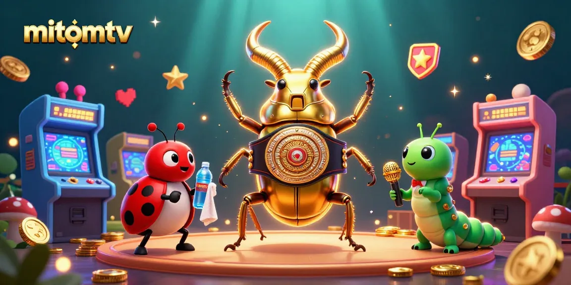 Engage in gaming excitement with mitomtv featuring vibrant characters on an arcade stage.