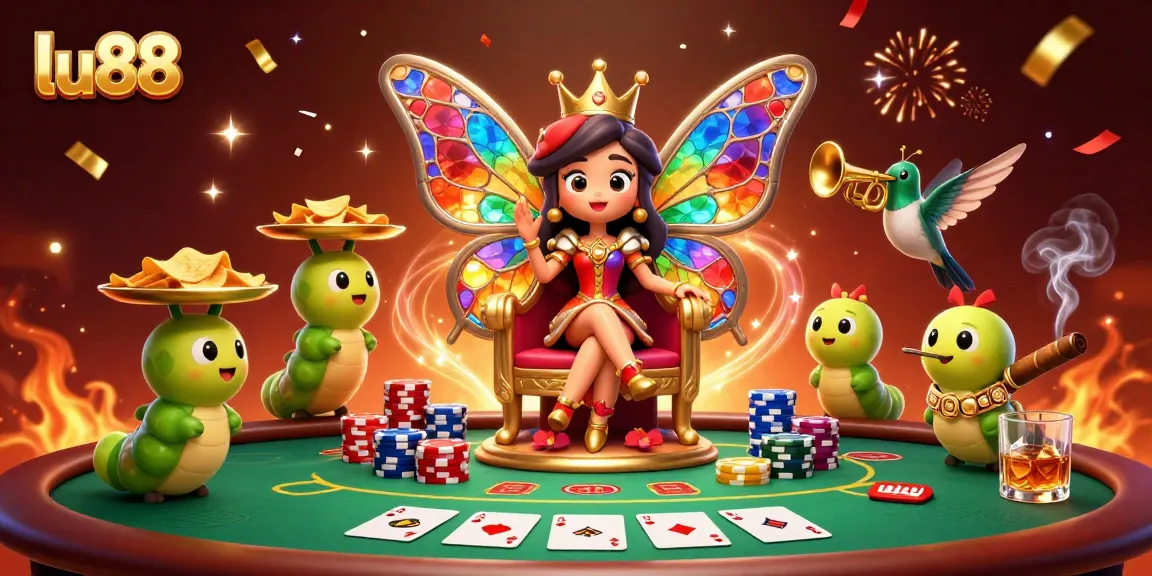 Engage in thrilling games at lu88 with the vibrant butterfly queen amidst poker and gambling elements.