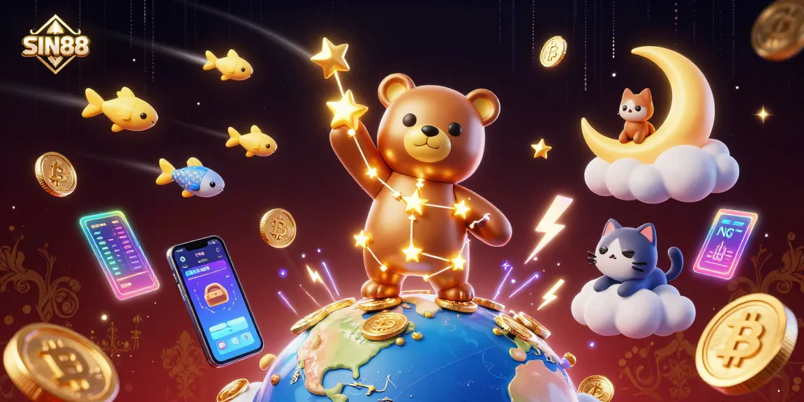 Scoop up coins with SIN88, featuring a constellation bear and colorful crypto elements in a lively casino scene.