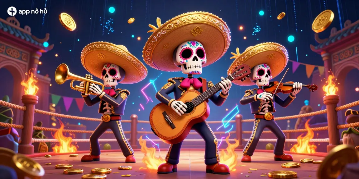 Spin to win with app nổ hũ in a festive 3D mariachi-themed casino scene featuring jackpots and gold coins.