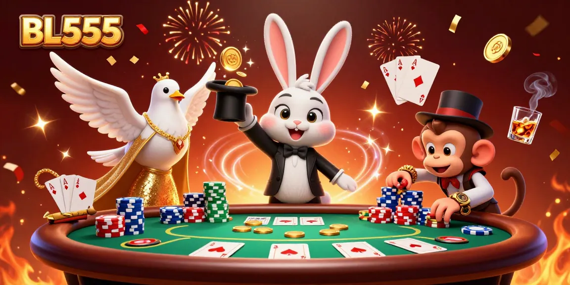 BL555 magician rabbit conjuring coins and poker chips in a vibrant casino scene