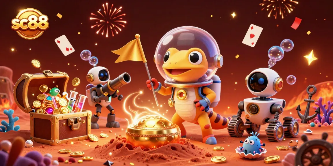 Experience sc88 winnings with a Martian gecko discovering a golden casino in vibrant space.