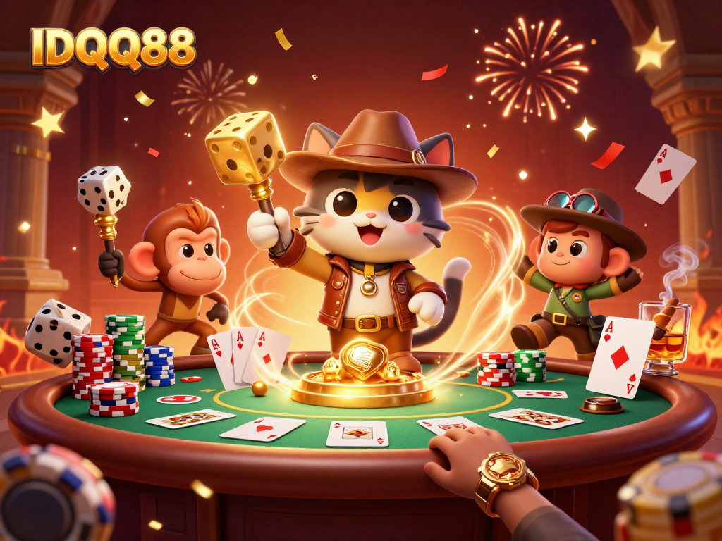 Experience thrilling gameplay at IDQQ88 with vibrant casino-themed illustration of an explorer cat and monkey.