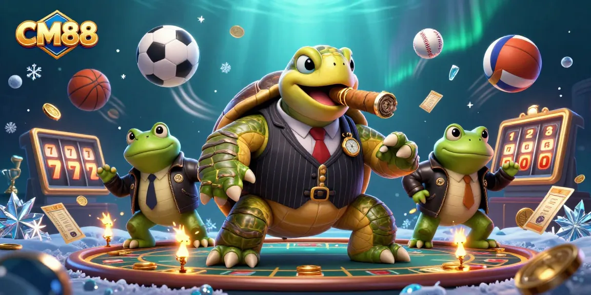 Experience CM88's exciting casino atmosphere with a dynamic 3D turtle and bullfrogs immersed in gaming action.