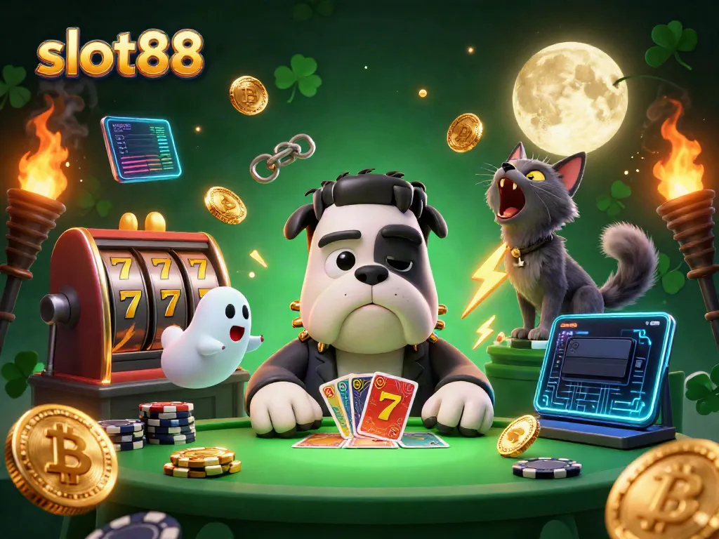 Slot88 menampilkan monster Frankenstein bulldog yang sedang membagikan kartu di meja kasino yang suasananya menegangkan.