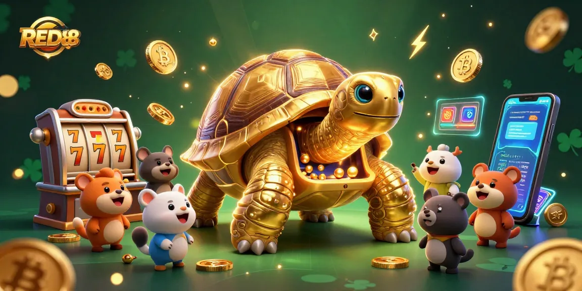 Experience thrilling slots at RED88 with an exciting scene of a golden tortoise pinball machine and animated characters.
