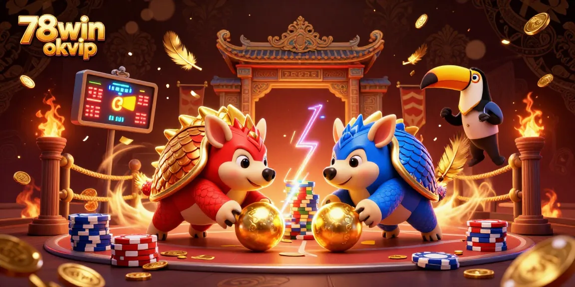 Engaging 3D scene of 78win okvip featuring rival pangolins in a colorful casino atmosphere with poker chips.