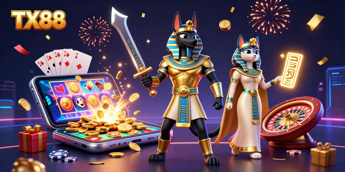 Engage in thrilling gambling experiences with TX88's vibrant cartoon scene showcasing Anubis and Bastet.