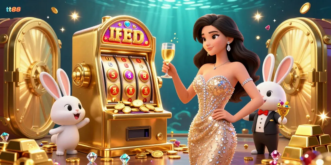 Spin the slot reels at tt88 with a glamorous woman celebrating a jackpot win!