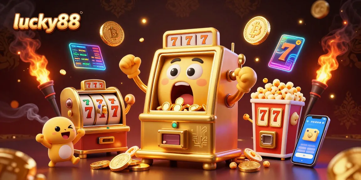 Hit the jackpot with lucky88 in this action-packed casino illustration featuring a golden slot machine.
