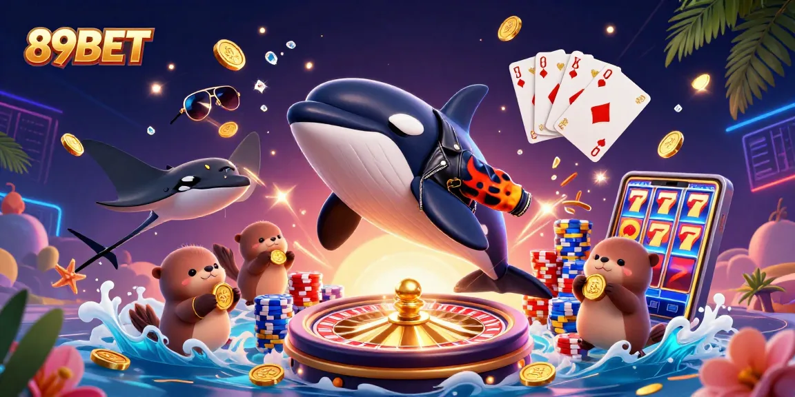 89BET showcases animated sea characters surrounded by golden coins and roulette, inviting players to join the fun.
