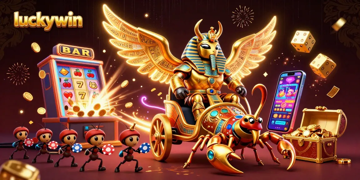 Spin the reels at Luckywin with colorful slots, golden scarabs, and jackpot excitement!