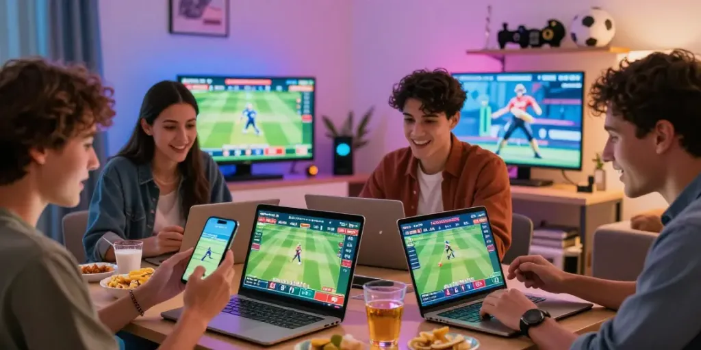 Exciting sports betting atmosphere with friends engaging in cricket and football on lotus365.