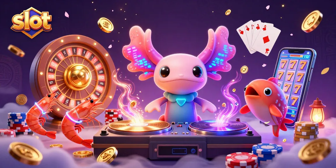 Spin the slot machine reels in a vibrant casino scene with neon axolotl DJ and lively characters.