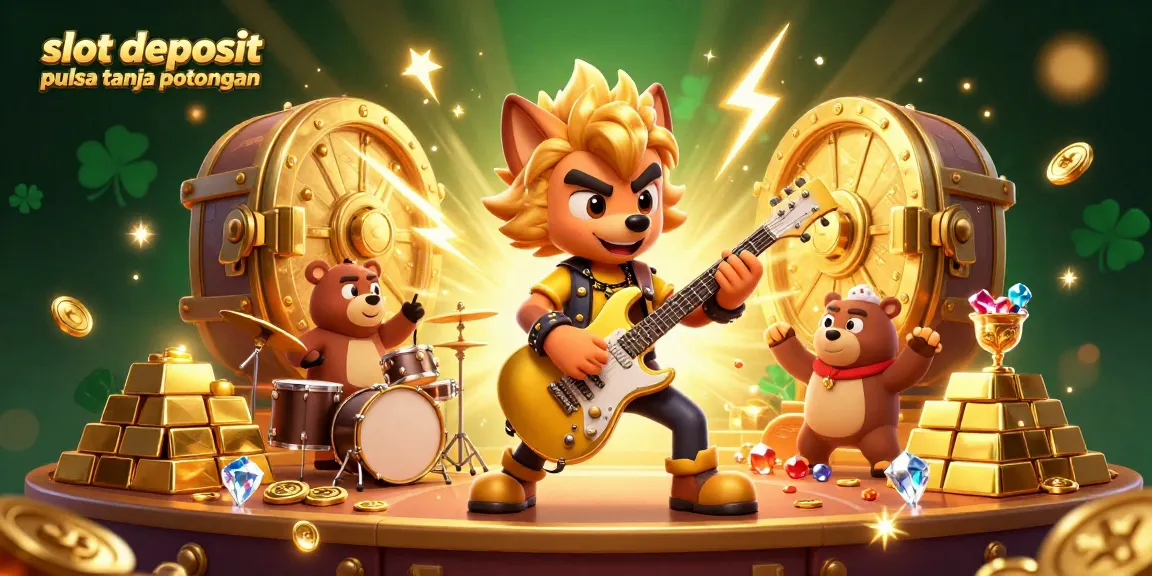 Engage with thrilling slot deposit pulsa tanpa potongan experiences as a vibrant rock star wolf plays guitar on stage surrounded by treasure.