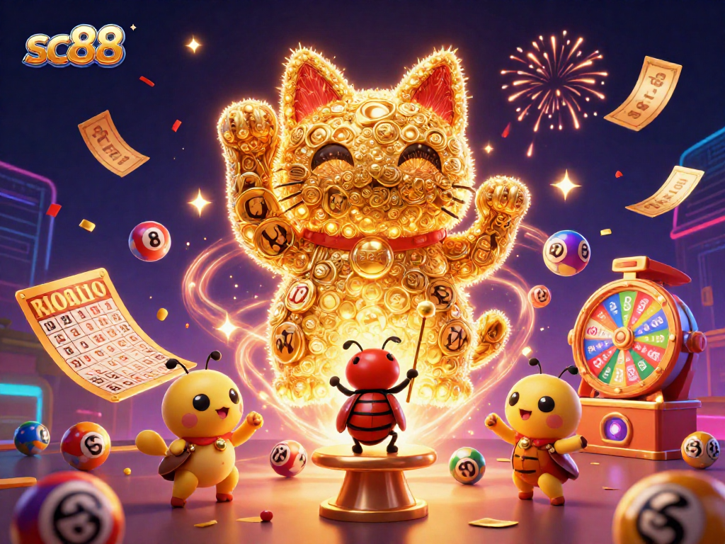 Engage with sc88's vibrant lucky cat casino illustration showcasing exciting game elements and festive atmosphere.