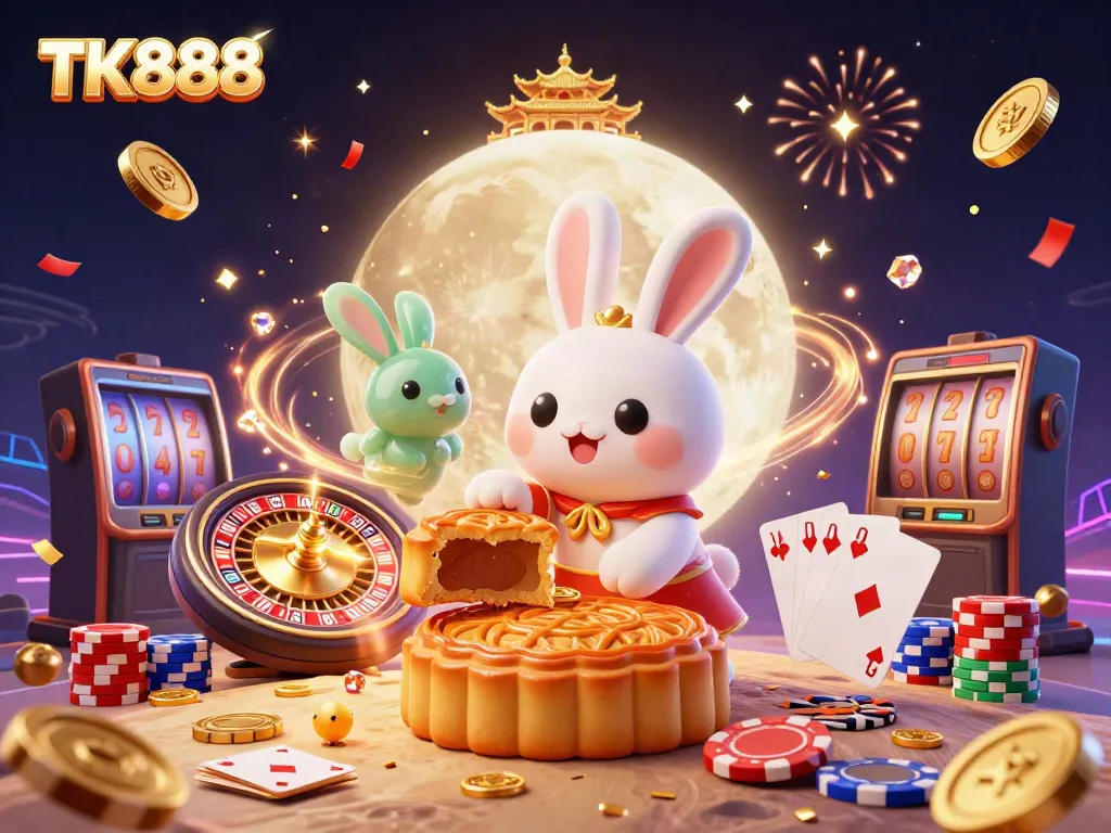 Engage with the dynamic casino world of TK888, featuring a festive 3D moon rabbit illustration amidst casino elements.
