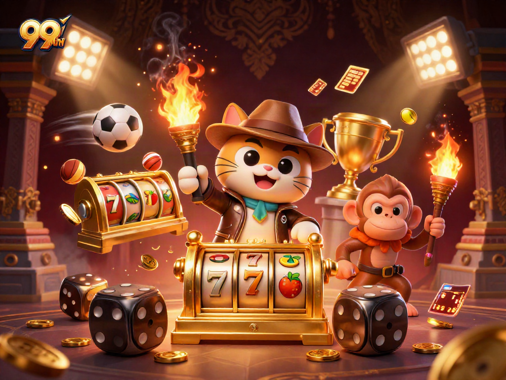 Experience the thrill of 99WIN as a cat explorer reveals a golden slot machine artifact.