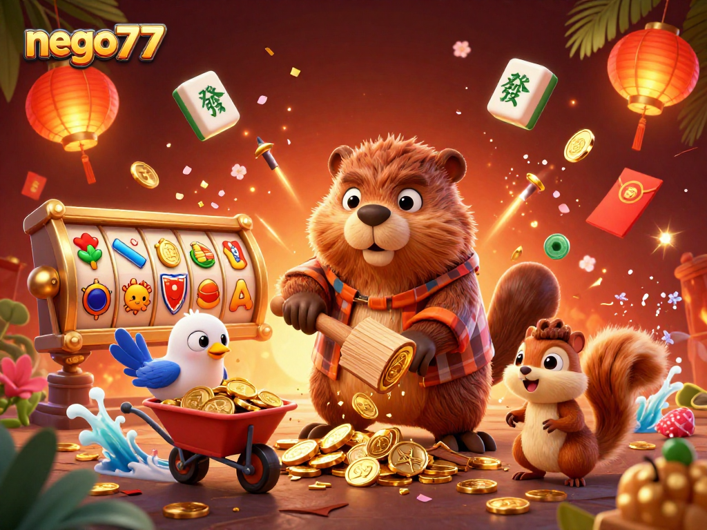 Experience the excitement of nego77 with a lively illustration featuring animated characters and slot game elements.