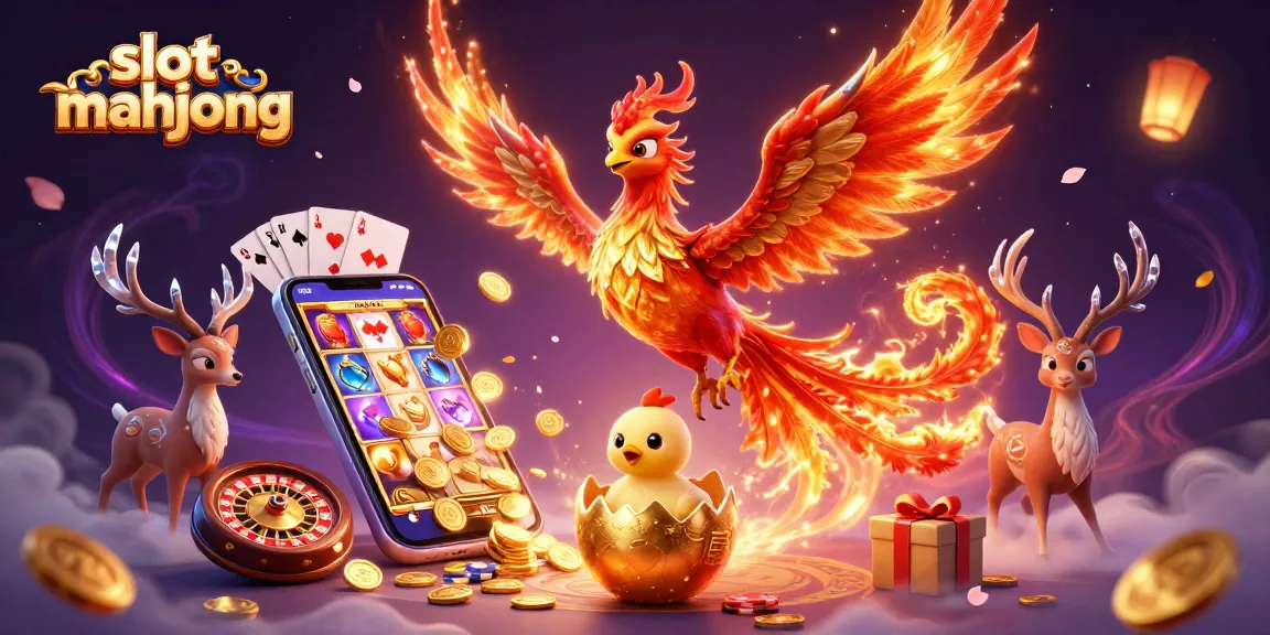 Gambarlah slot mahjong yang menampilkan tema kasino dengan phoenix dan elemen permainan.