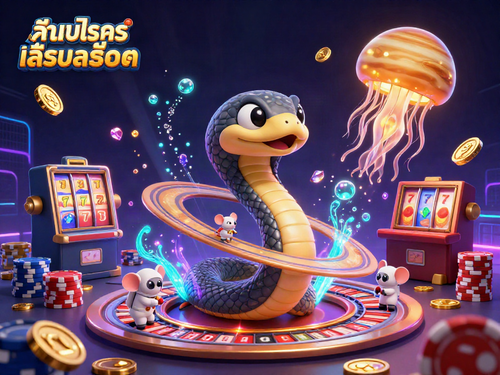 Spin to win with ทดลองเล่นสล็อต on a cosmic casino scene featuring a golden jellyfish dealer.