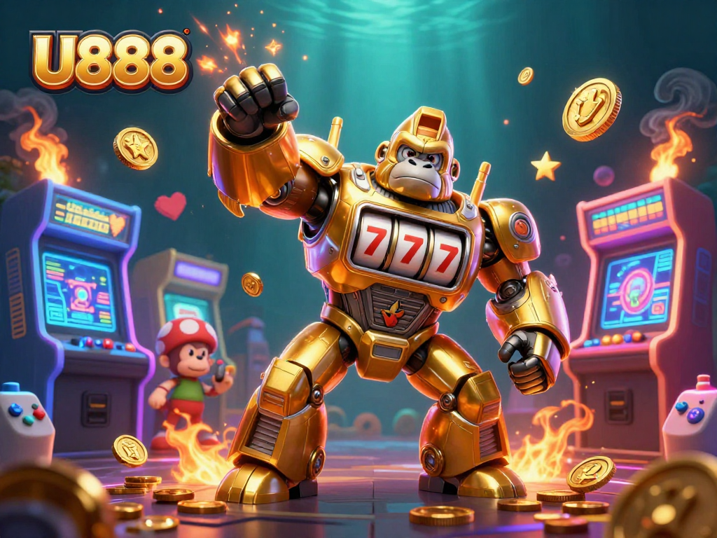 Experience thrilling gameplay at U888 with a golden gorilla mech and explosive coins in a vibrant casino scene.