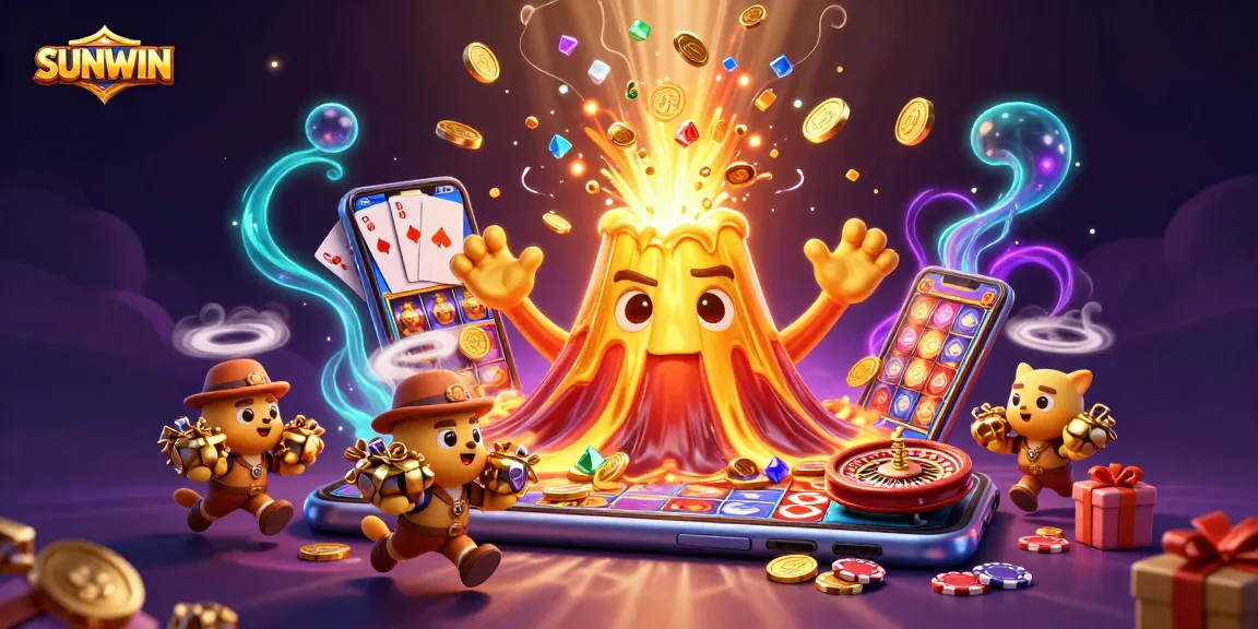 SUNWIN showcases vibrant casino excitement with golden treasures erupting from a victorious volcano, reflecting the thrill of gaming.