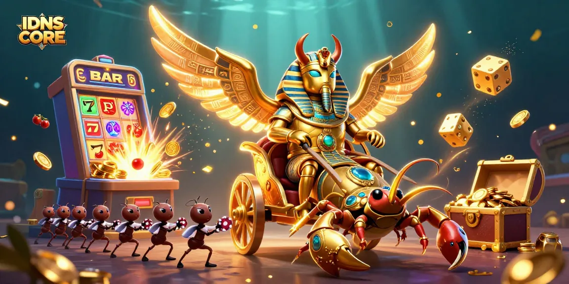 Experience exciting gaming with IDNSCORE in a vibrant, colorful 3D casino scene.