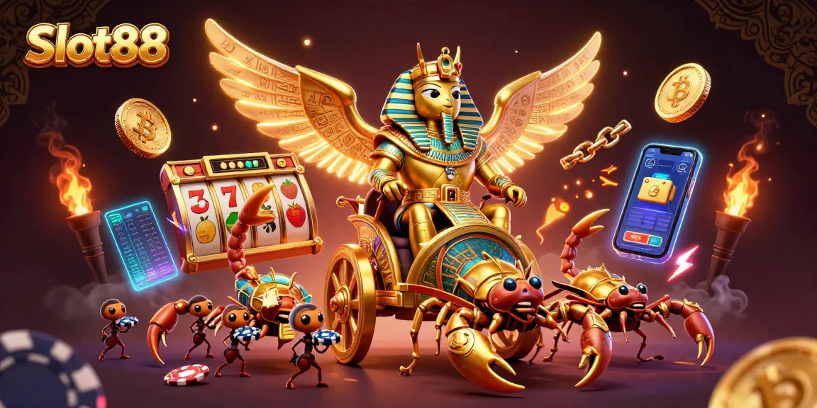 Experience the thrilling adventures of Slot88 with a colossal beetle and scorpions.