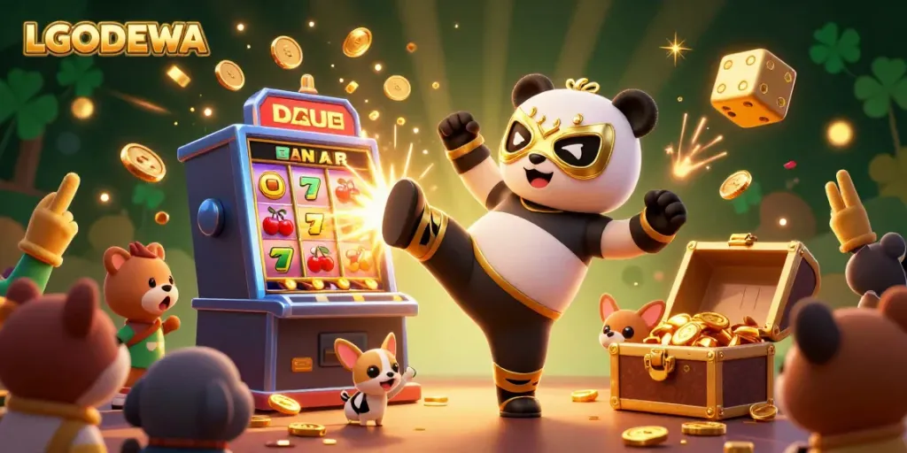 Experience thrilling gameplay with LGODEWA's immersive cartoon scene of a wrestling panda and exciting casino elements.