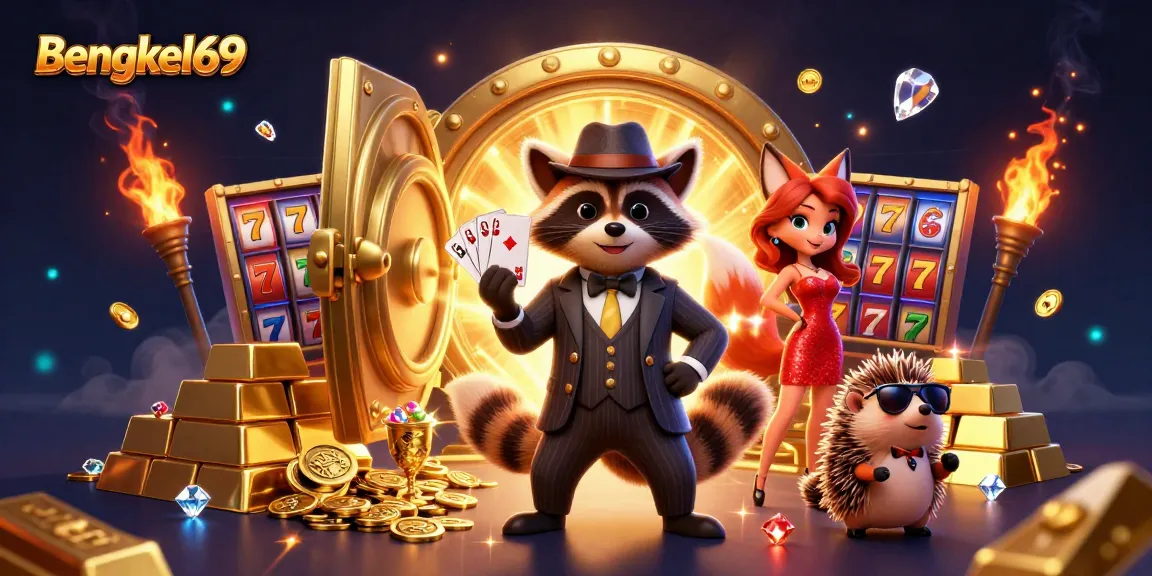 Bengkel69 players enjoying big wins with charming raccoon and fox characters amidst golden treasures.