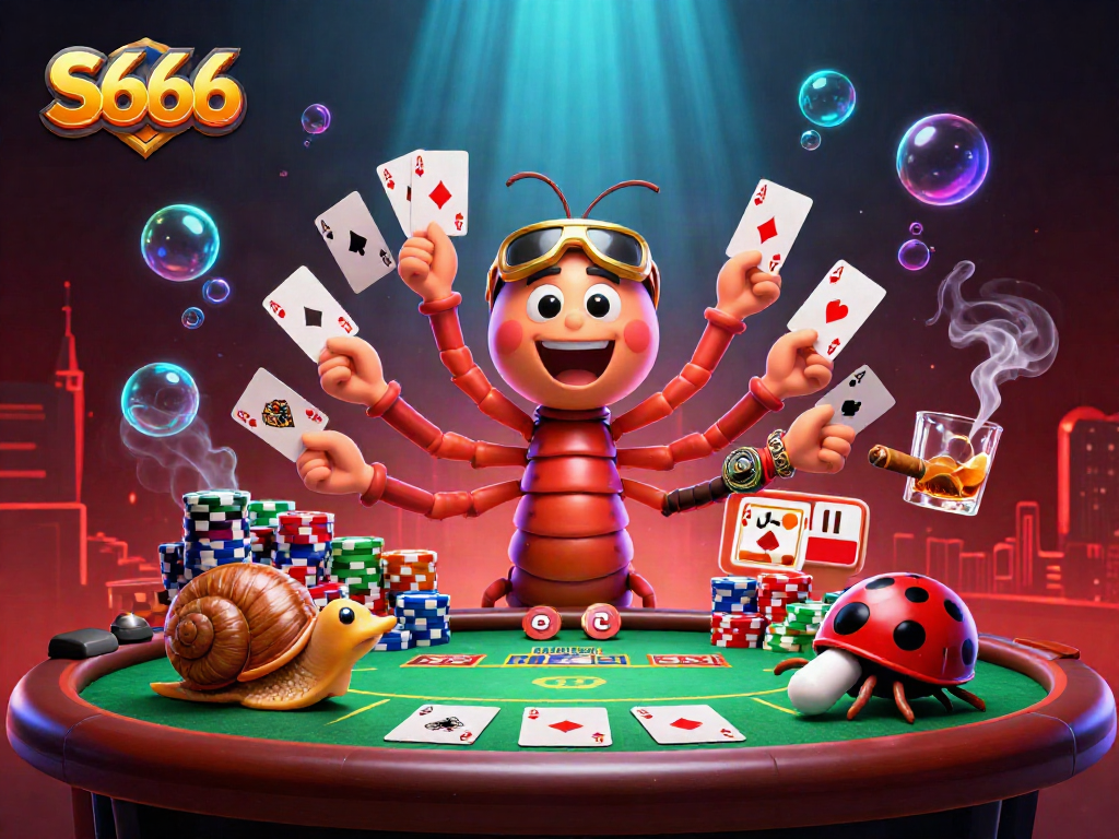S666 dealer scene showcasing a colorful poker night dynamic with vibrant characters and gambling elements.