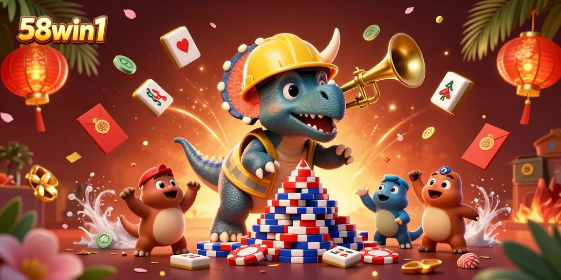 Cheer with 58win1 as triceratops builds poker chips pyramid in a lively casino scene.