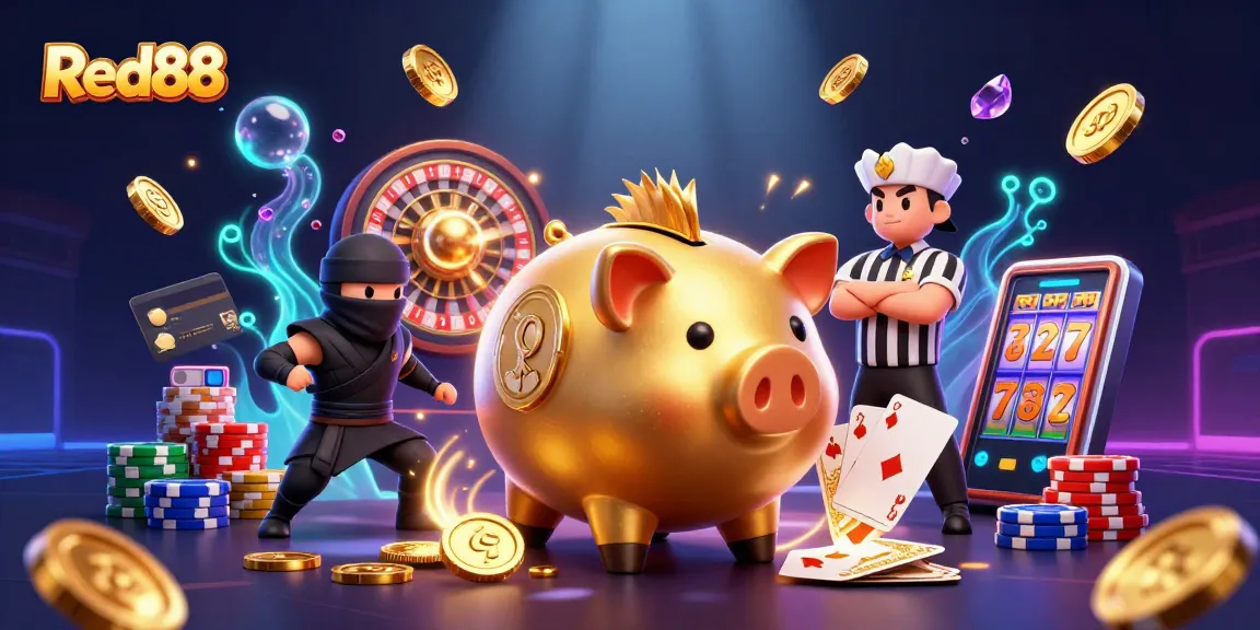 Experience thrilling wins at Red88 with a massive golden piggy bank sumo wrestler amidst rolling coins and sparkling gems.