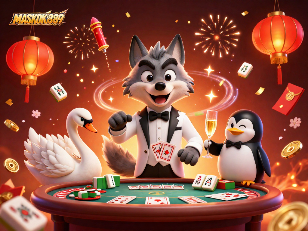 Experience the thrilling ambiance of MASKOKI889 with a cartoon wolf, swan, and penguin at a roulette table.
