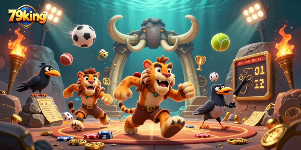 Experience thrilling gaming moments with 79king in a dynamic casino scene with vibrant sports elements.