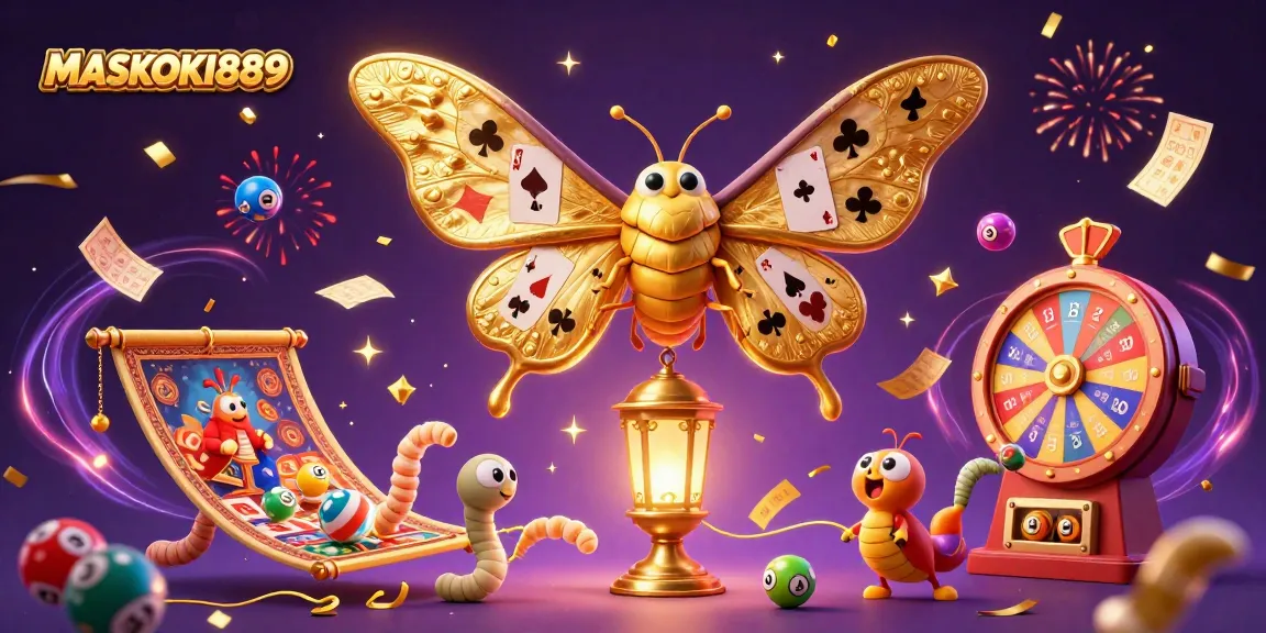 Engage with dynamic lottery fun and casino excitement at MASKOKI889 showcasing vibrant illustrations of games and prizes.