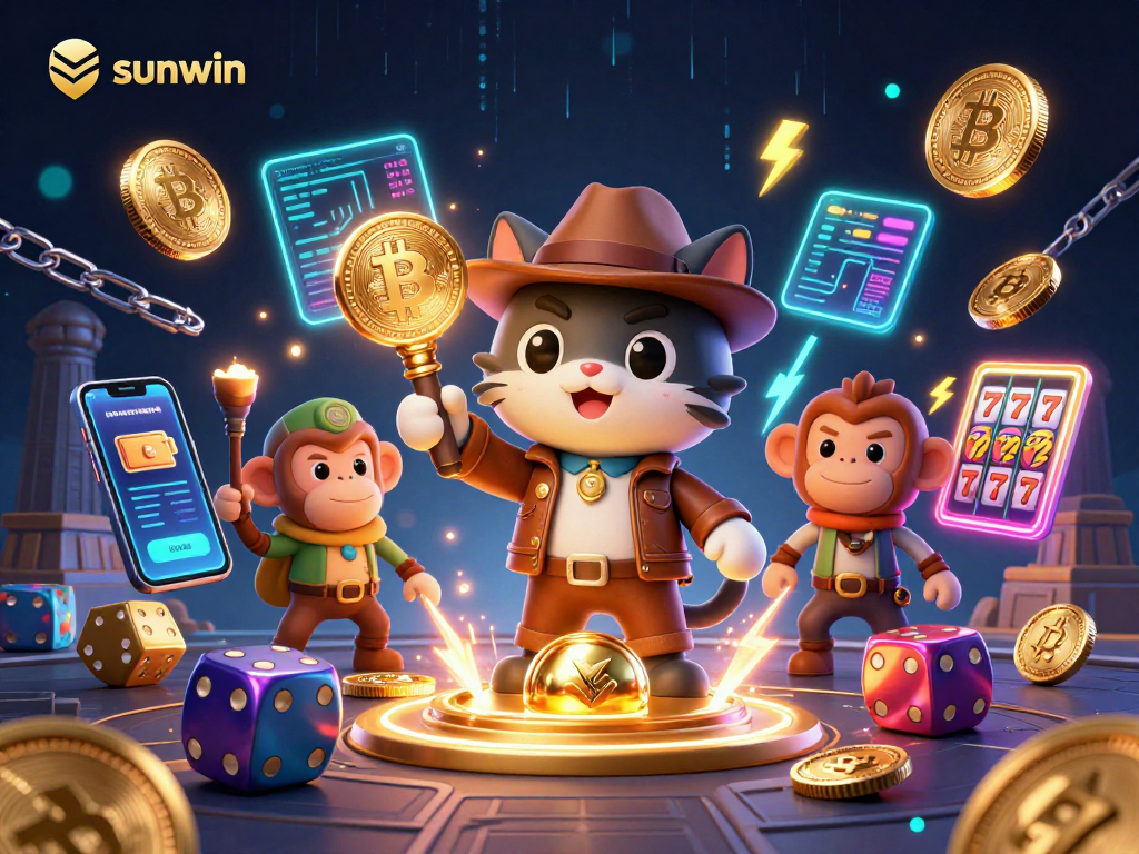 Experience sunwin's thrilling adventure with a cartoon archaeologist cat discovering casino treasures.