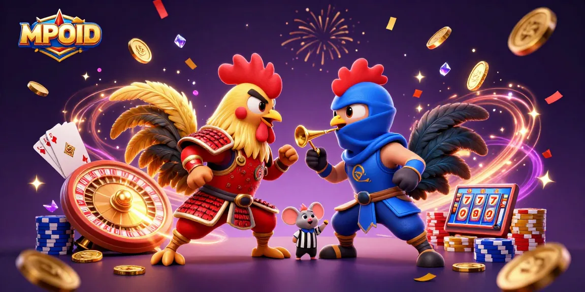 MPOID showcases a thrilling battle between stylized fighting roosters in a dramatic casino setting.