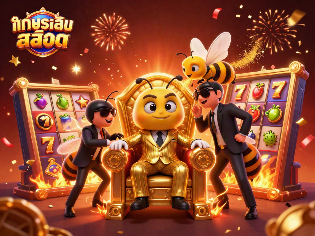 Engage in ทดลองเล่นสล็อต with a vibrant scene depicting a bumblebee boss surrounded by slot reels and golden elements