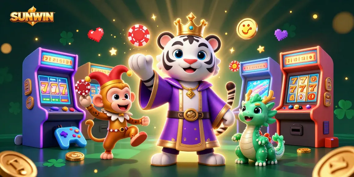 SUNWIN offers a vibrant casino atmosphere featuring a white tiger, jester monkey, and dragon in a 3D illustration.