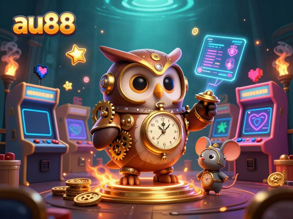 Engage in thrilling gameplay at au88, where the 3D owl and mouse navigate a unique steampunk casino.