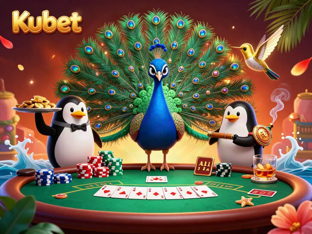 Kubet's vibrant poker scene showcasing a peacock, penguin, and hummingbird amidst colorful chips and cards.