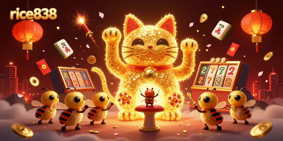 Experience rice838's vibrant casino atmosphere with a lucky cat and dynamic lottery symbols!