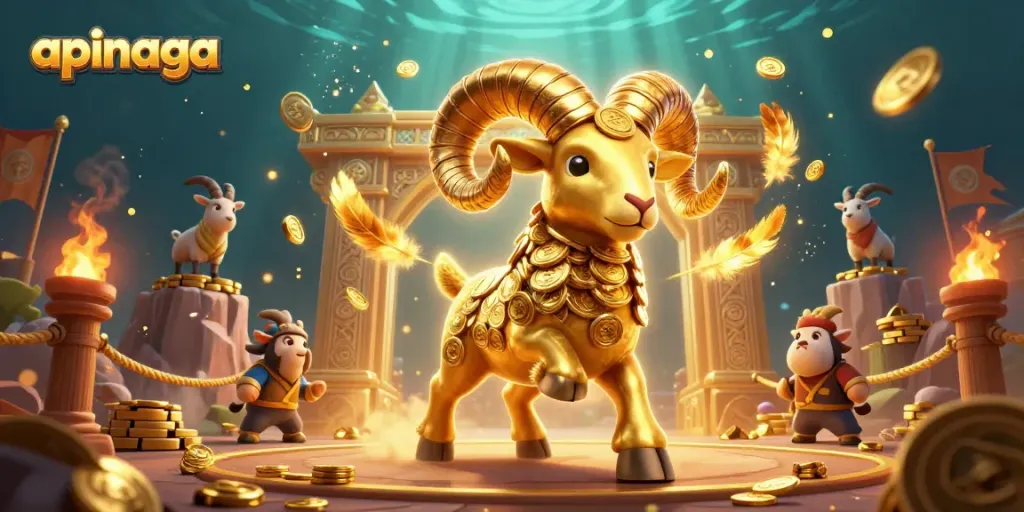 Engage with apinaga in a vibrant and dynamic 3D casino scene featuring a golden ram and chip stacks.