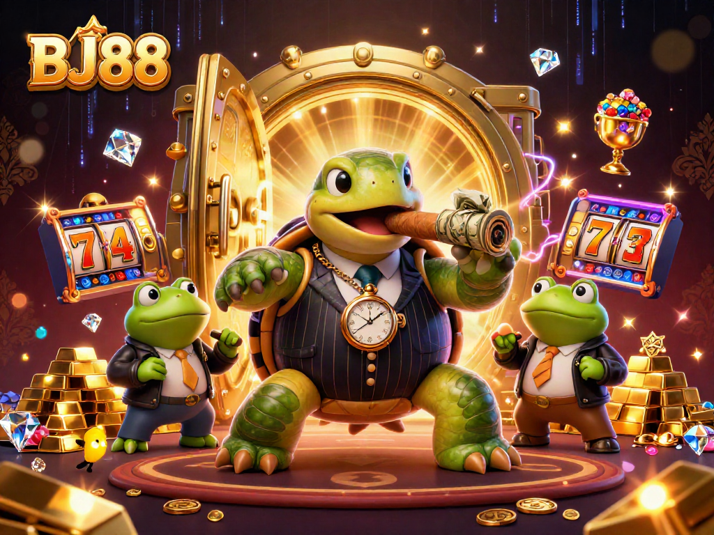 BJ88 showcases exciting slot action with vibrant illustration of a mobster turtle and bullfrog enforcers.