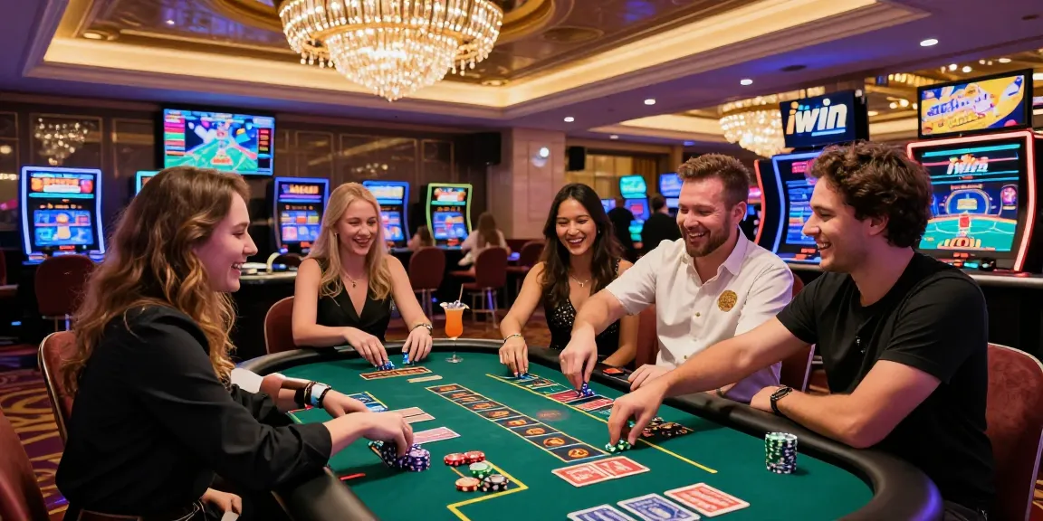 A lively group enjoying the iwin gaming experience in a luxurious casino.