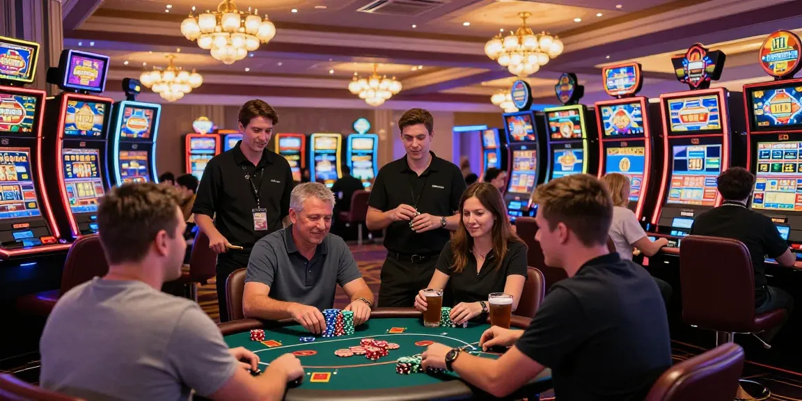Gorabet'te canlı casino atmosferi, slot makineleri ve poker masalarında oyuncular, şans ve heyecan dolu anlar.
